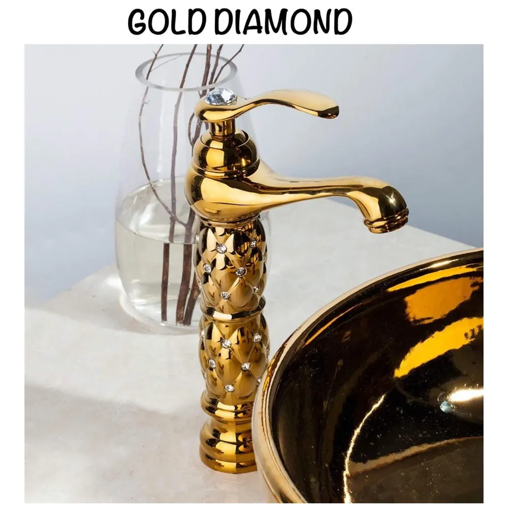 Gold Brass Heavy Basin Mixer Faucet Tap for Bathroom Toilet Wash Basins Hot and Cold Water, Gold Diamond 12 Inch Height