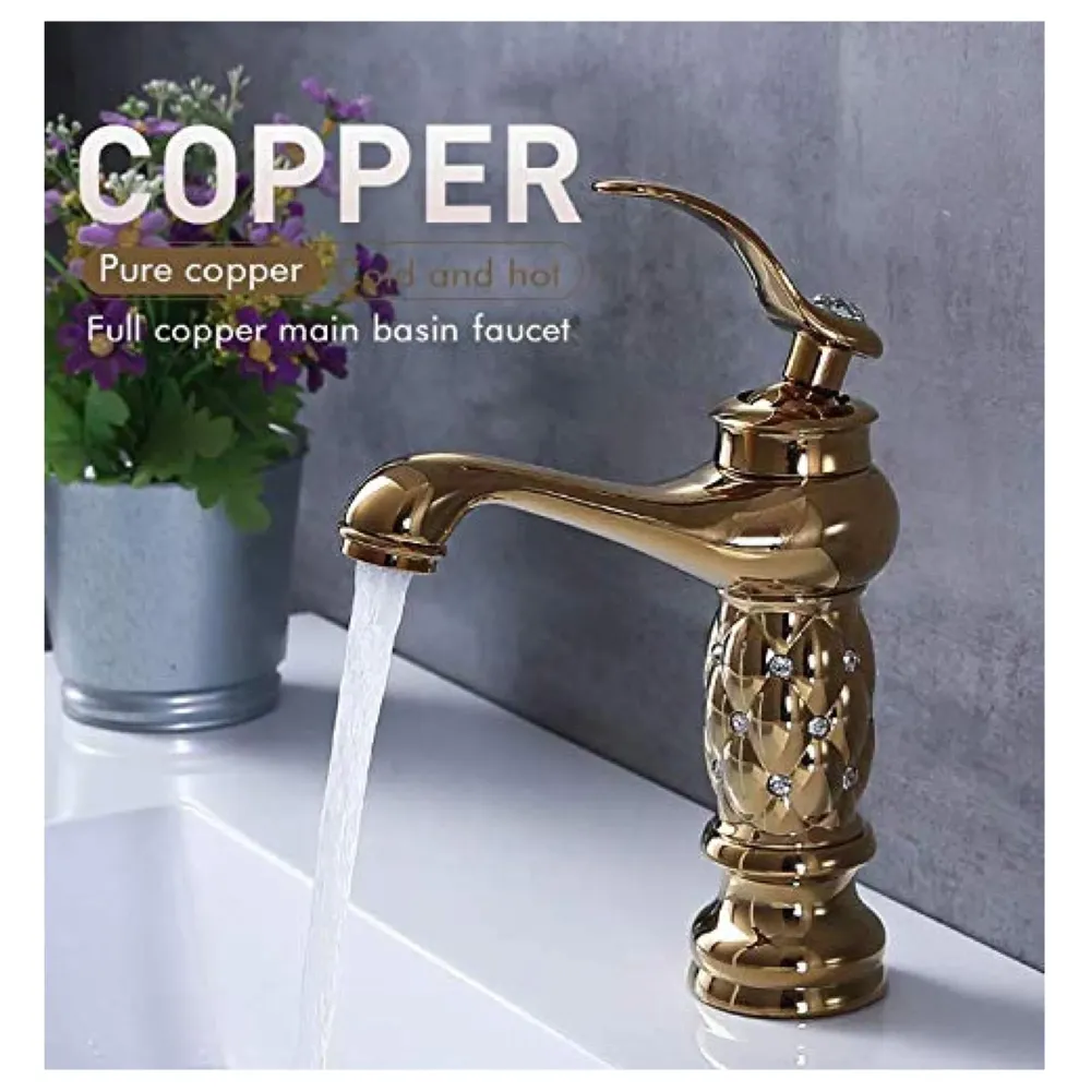 Gold Brass Heavy Basin Mixer Faucet Tap for Bathroom Toilet Wash Basins Hot and Cold Water, Gold Diamond 12 Inch Height