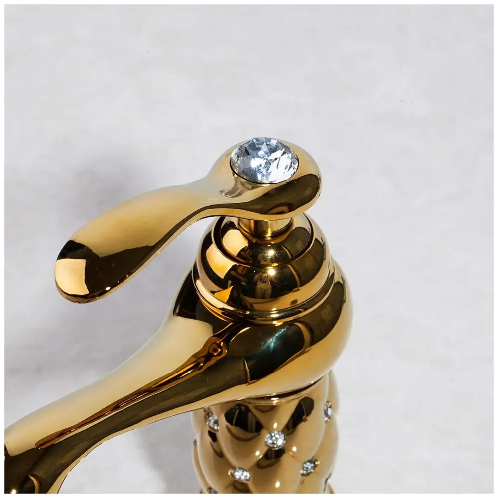 Gold Brass Heavy Basin Mixer Faucet Tap for Bathroom Toilet Wash Basins Hot and Cold Water, Gold Diamond 12 Inch Height