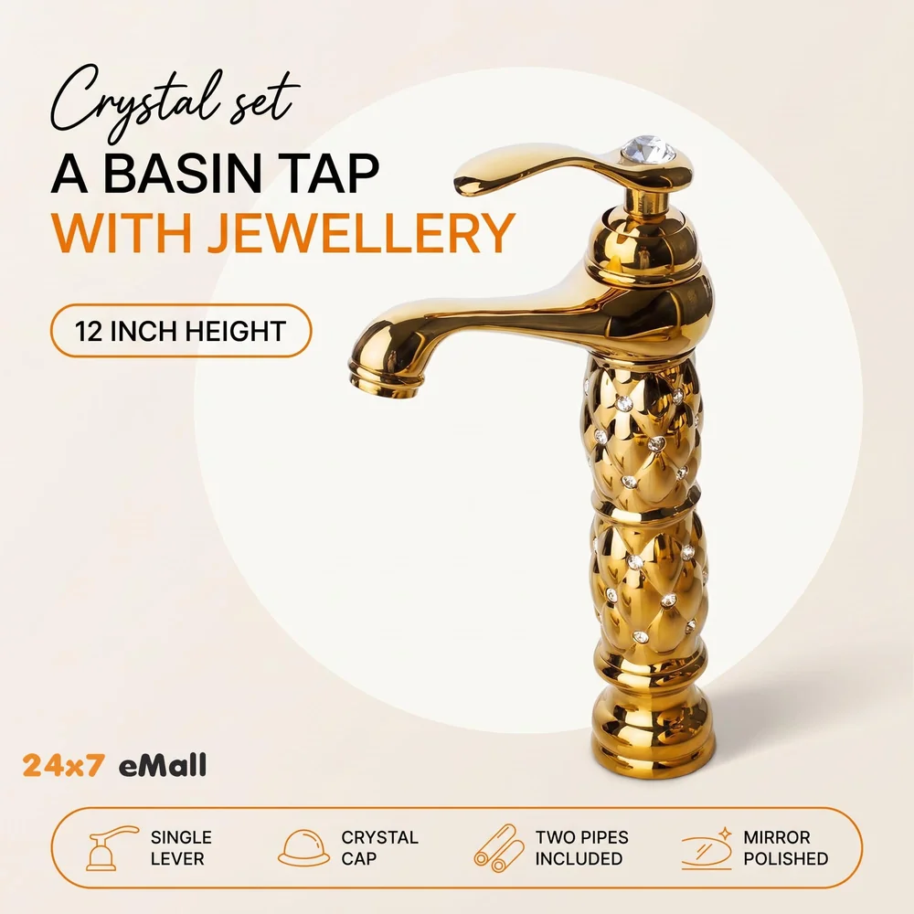 Gold Brass Heavy Basin Mixer Faucet Tap for Bathroom Toilet Wash Basins Hot and Cold Water, Gold Diamond 12 Inch Height