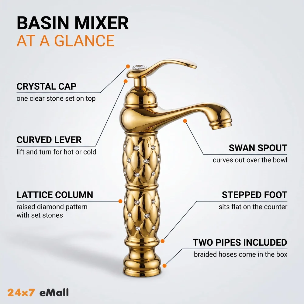 Gold Brass Heavy Basin Mixer Faucet Tap for Bathroom Toilet Wash Basins Hot and Cold Water, Gold Diamond 12 Inch Height