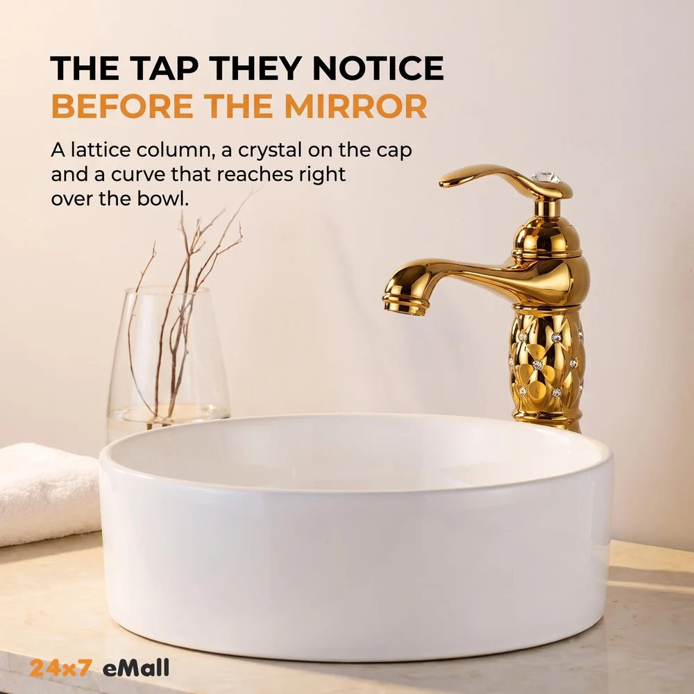 Gold Brass Heavy Basin Mixer Faucet Tap for Bathroom Toilet Wash Basins Hot and Cold Water, Gold Diamond 12 Inch Height