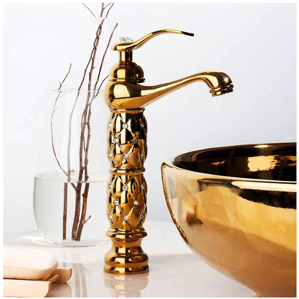 Gold Brass Heavy Basin Mixer Faucet Tap for Bathroom Toilet Wash Basins Hot and Cold Water, Gold Diamond 12 Inch Height