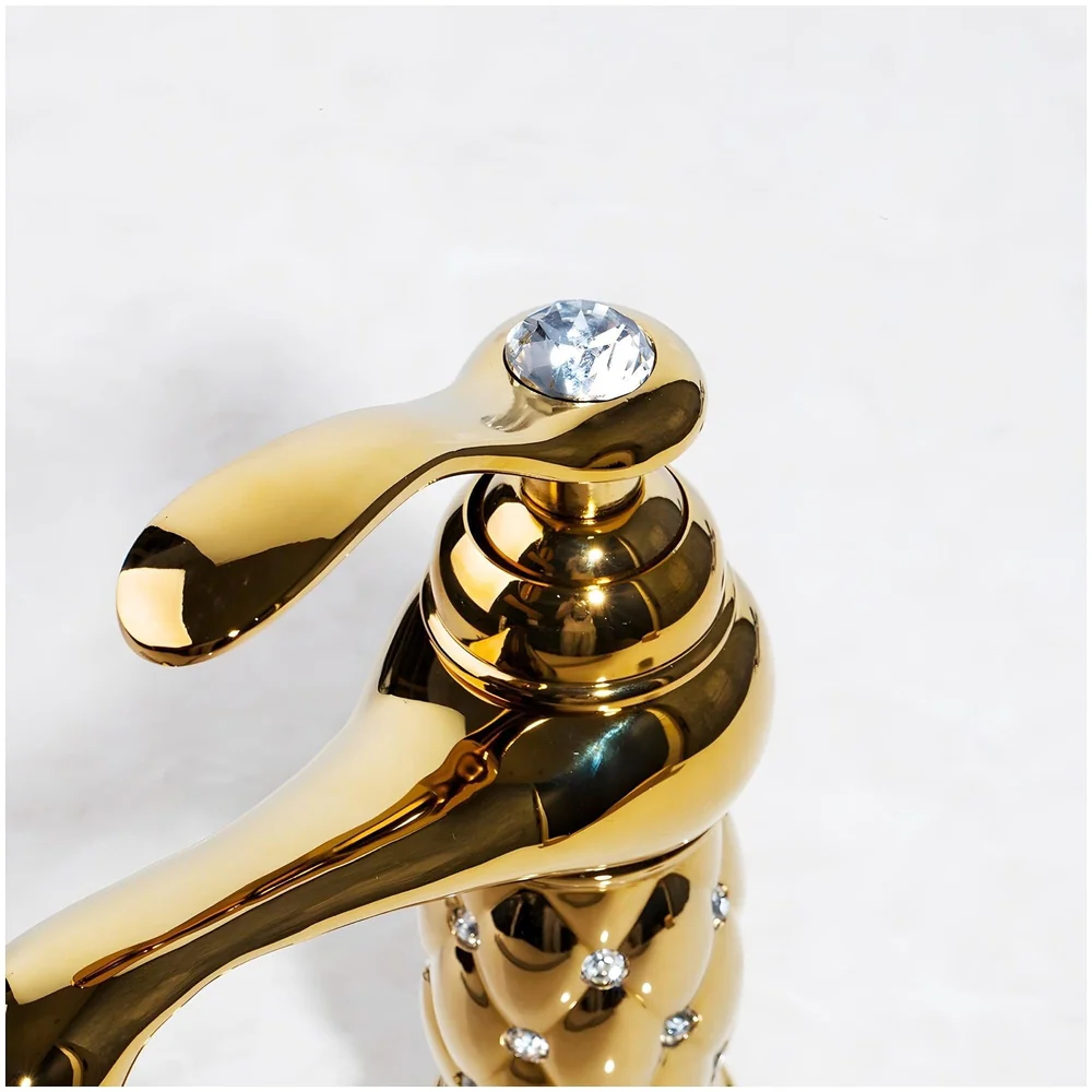 Gold Brass Heavy Basin Mixer Faucet Tap for Bathroom Toilet Wash Basins Hot and Cold Water, Gold Diamond 12 Inch Height