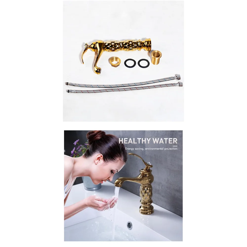 Gold Brass Heavy Basin Mixer Faucet Tap for Bathroom Toilet Wash Basins Hot and Cold Water, Gold Diamond 12 Inch Height