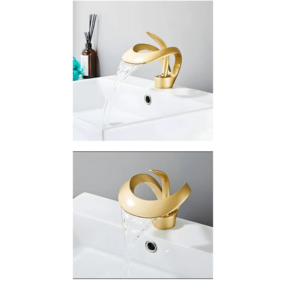 Brass Single Lever Basin Mixer Gold Golden Vessel Mounted Designer Waterfall Flow Tap Faucet for Bathroom Toilet Kitchen