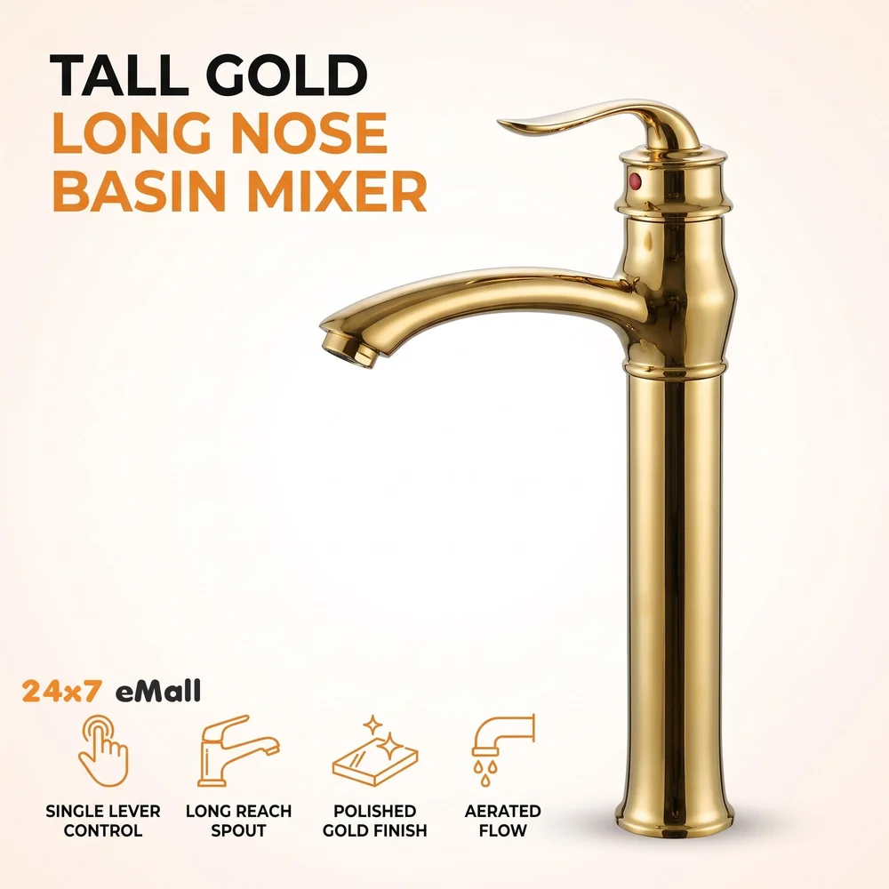 Gold Faucet Tap Mixer Hot and Cold Water Long Nose Single Lever Basin Mixer with Connector Pipes and Ceramic Cartridge for Bathroom Wash Basins - 30cm x 20 cm Golden Faucet
