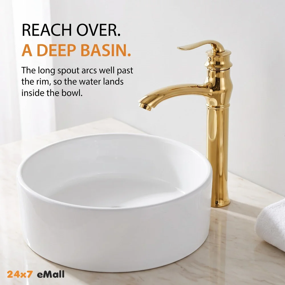 Gold Faucet Tap Mixer Hot and Cold Water Long Nose Single Lever Basin Mixer with Connector Pipes and Ceramic Cartridge for Bathroom Wash Basins - 30cm x 20 cm Golden Faucet