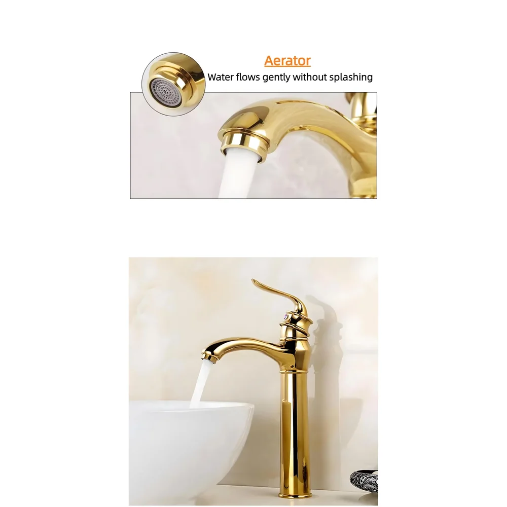 Gold Faucet Tap Mixer Hot and Cold Water Long Nose Single Lever Basin Mixer with Connector Pipes and Ceramic Cartridge for Bathroom Wash Basins - 30cm x 20 cm Golden Faucet