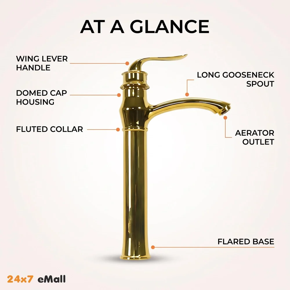 Gold Faucet Tap Mixer Hot and Cold Water Long Nose Single Lever Basin Mixer with Connector Pipes and Ceramic Cartridge for Bathroom Wash Basins - 30cm x 20 cm Golden Faucet
