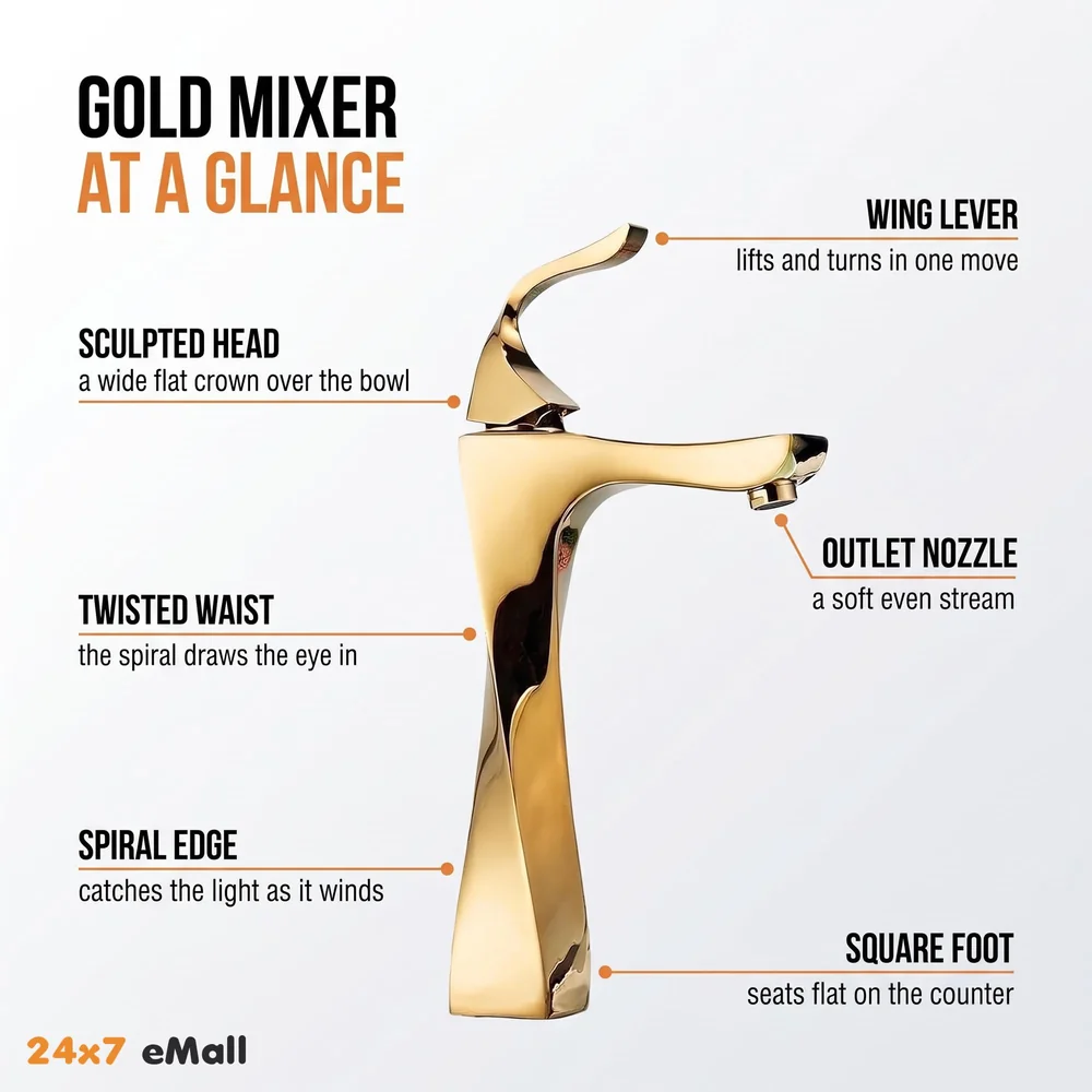 Twist Gold Faucet Tap Mixer Hot and Cold Water Heavy Single Lever Basin Mixer 12 inches with Connector Pipes and Ceramic Cartridge for Bathroom Wash Basins - 30cm x 17 cm Golden