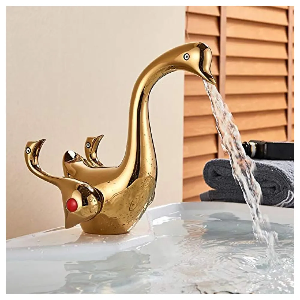Golden Duck Heavy Basin Mixer Faucet tap Gold Colour for Bathroom Toilet Wash Basins Hot and Cold Water - (Golden Duck)