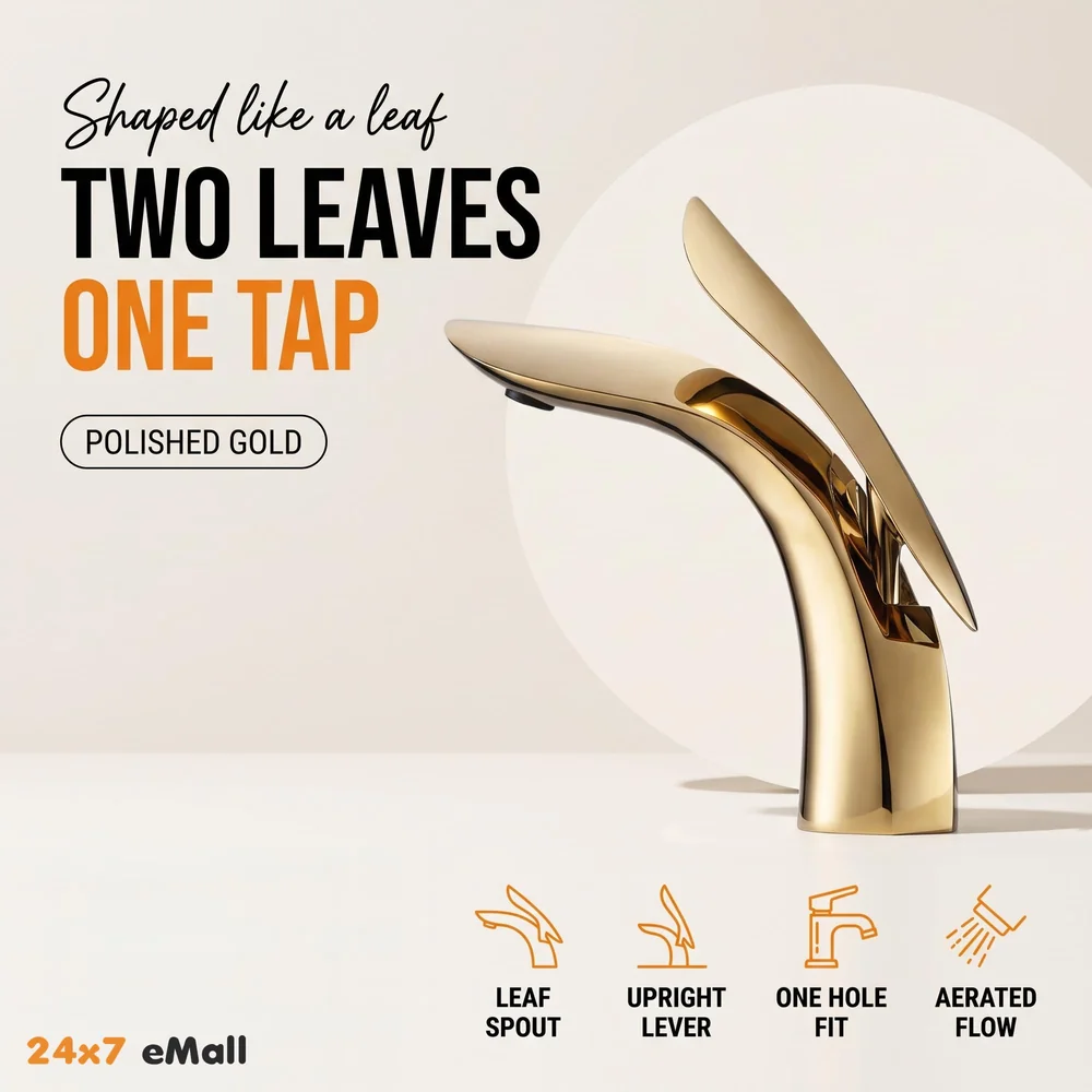 Gold Basin Tap Faucet Mixer for Bathroom Toilet Wash Basins Hot and Cold Water (Without pop-up) (Golden Leaf) 18.5 cm Height
