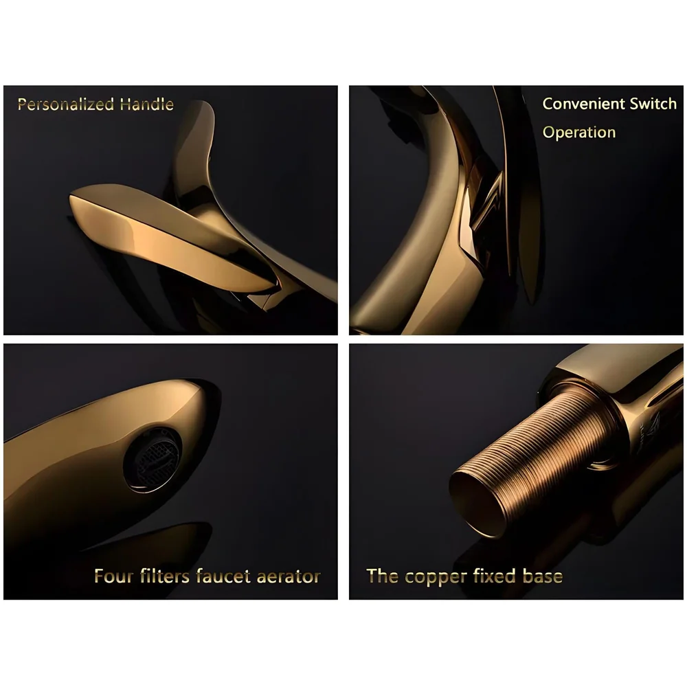 Gold Basin Tap Faucet Mixer for Bathroom Toilet Wash Basins Hot and Cold Water (Without pop-up) (Golden Leaf) 18.5 cm Height