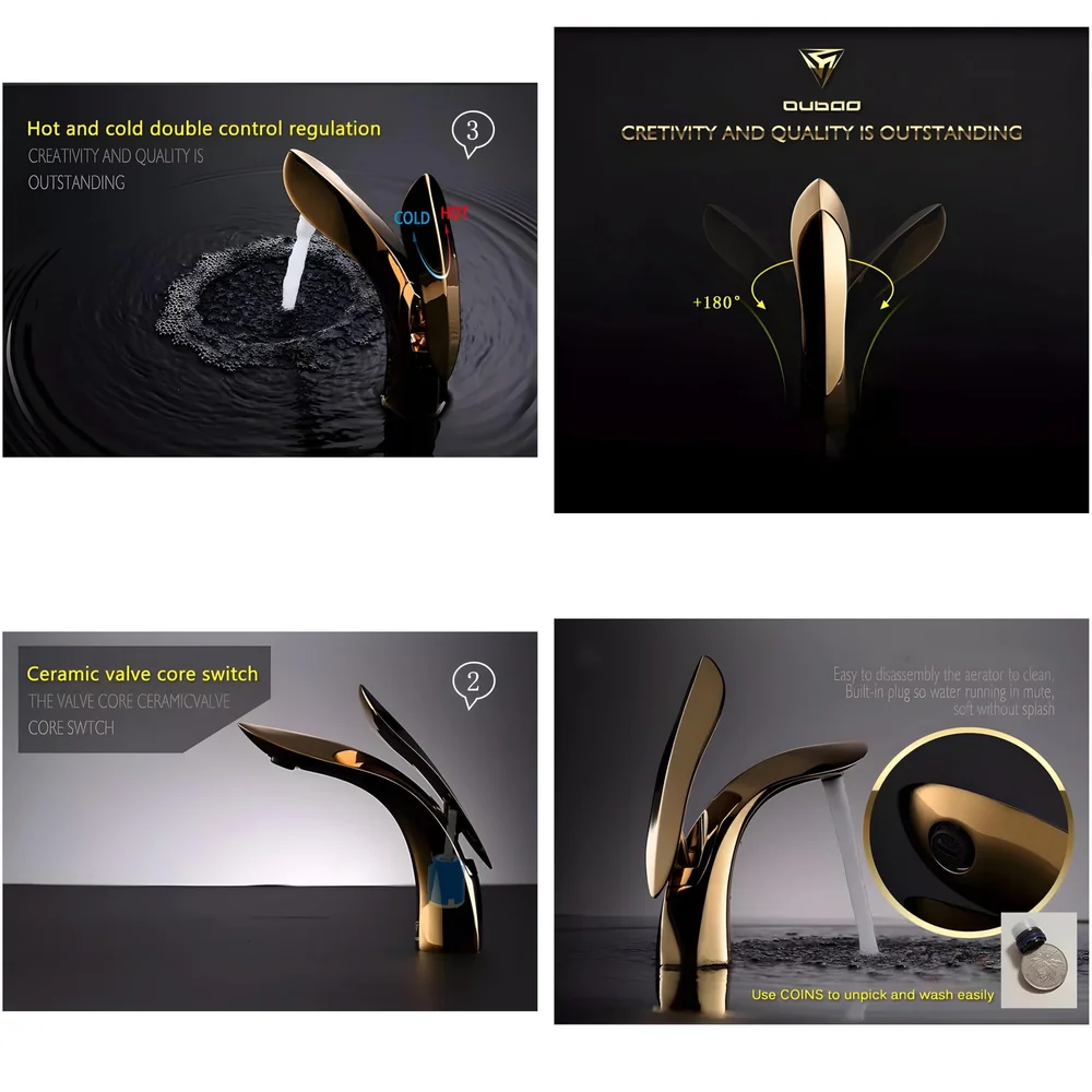 Gold Basin Tap Faucet Mixer for Bathroom Toilet Wash Basins Hot and Cold Water (Without pop-up) (Golden Leaf) 18.5 cm Height