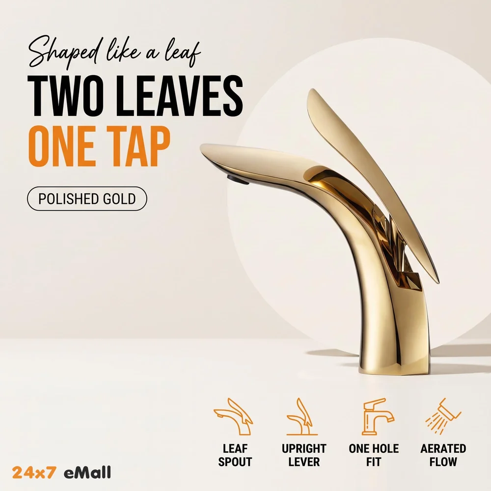 Gold Basin Tap Faucet Mixer for Bathroom Toilet Wash Basins Hot and Cold Water (Without pop-up) (Golden Leaf) 18.5 cm Height