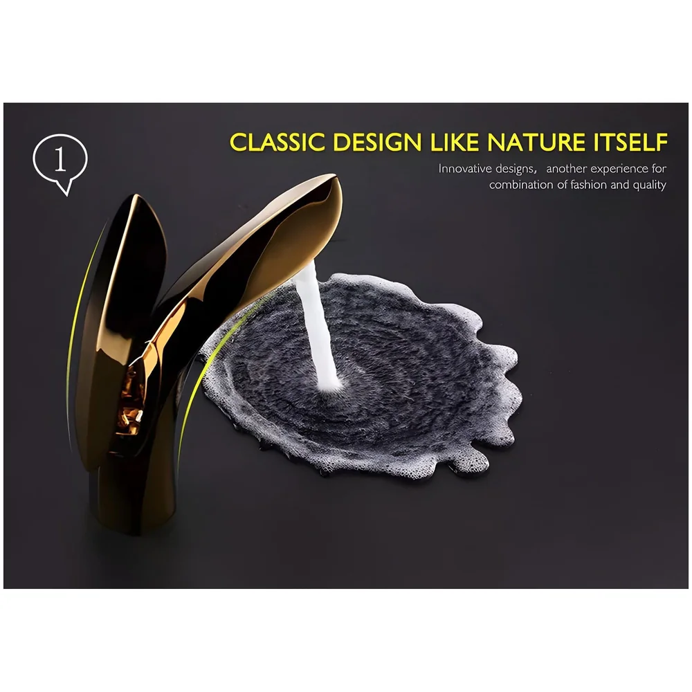 Gold Basin Tap Faucet Mixer for Bathroom Toilet Wash Basins Hot and Cold Water (Without pop-up) (Golden Leaf) 18.5 cm Height