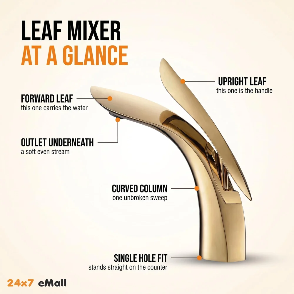 Gold Basin Tap Faucet Mixer for Bathroom Toilet Wash Basins Hot and Cold Water (Without pop-up) (Golden Leaf) 18.5 cm Height