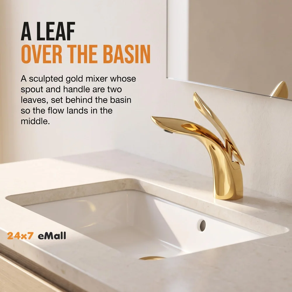 Gold Basin Tap Faucet Mixer for Bathroom Toilet Wash Basins Hot and Cold Water (Without pop-up) (Golden Leaf) 18.5 cm Height