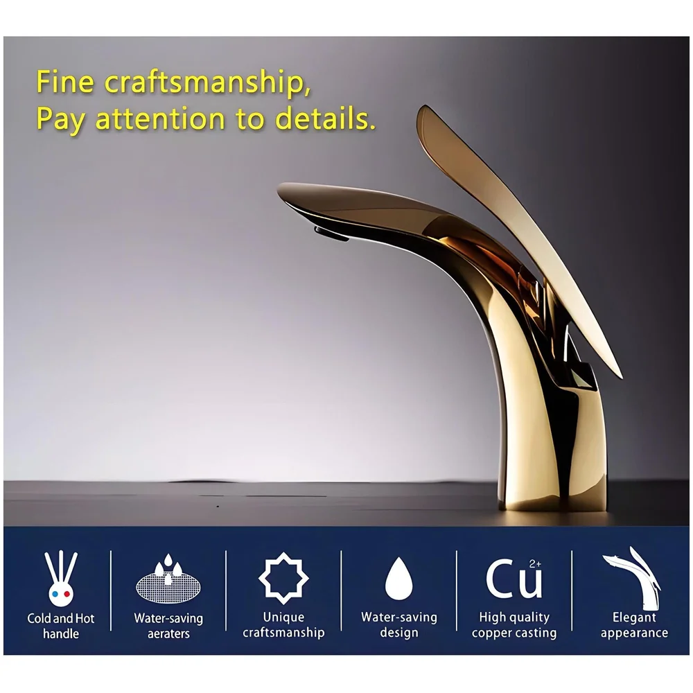 Gold Basin Tap Faucet Mixer for Bathroom Toilet Wash Basins Hot and Cold Water (Without pop-up) (Golden Leaf) 18.5 cm Height
