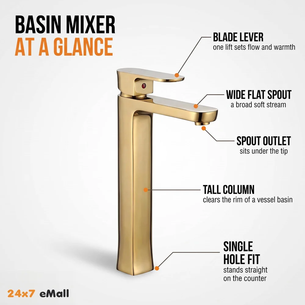 Gold Basin Tap Faucet Mixer for Bathroom Toilet Wash Basins Hot and Cold Water, Golden Colour, Brass, Square 12 Inch Height