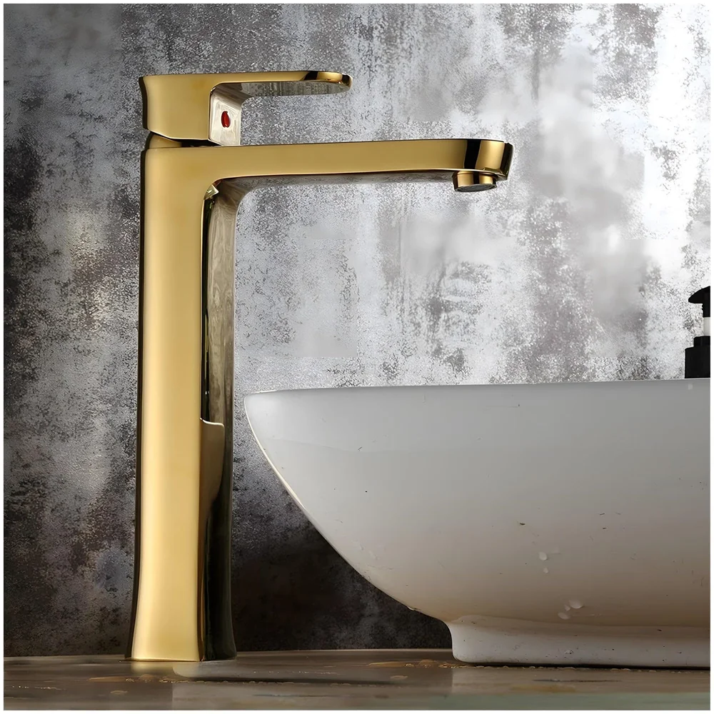 Gold Basin Tap Faucet Mixer for Bathroom Toilet Wash Basins Hot and Cold Water, Golden Colour, Brass, Square 12 Inch Height