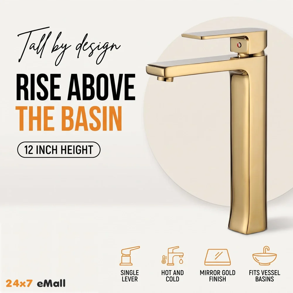 Gold Basin Tap Faucet Mixer for Bathroom Toilet Wash Basins Hot and Cold Water, Golden Colour, Brass, Square 12 Inch Height