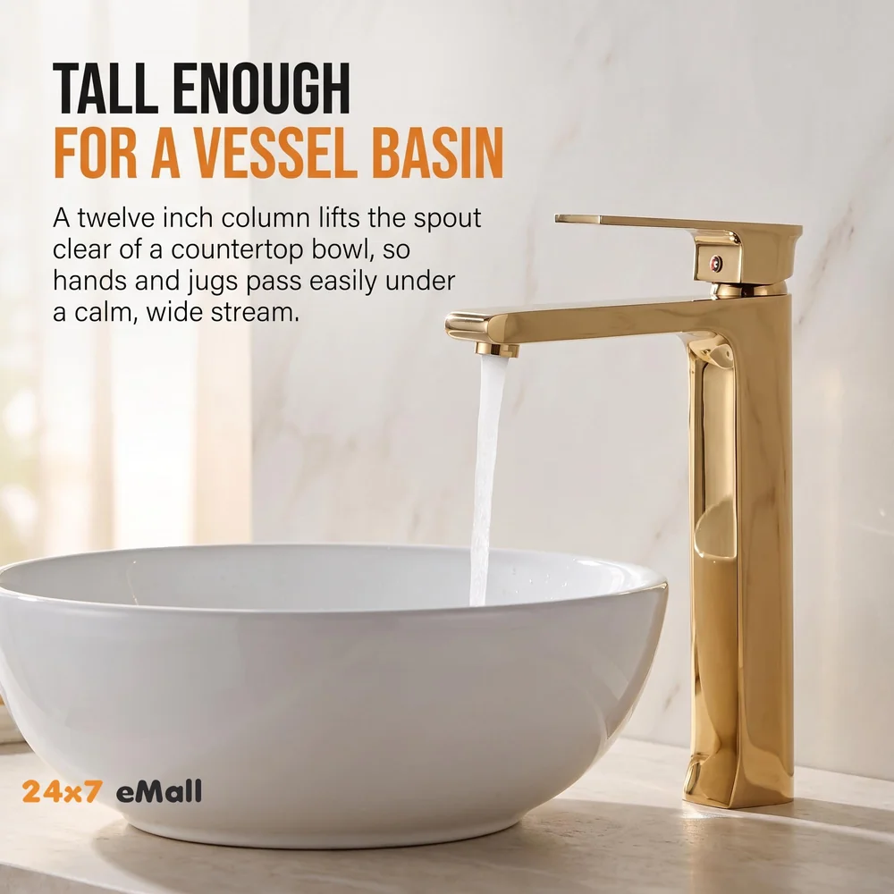 Gold Basin Tap Faucet Mixer for Bathroom Toilet Wash Basins Hot and Cold Water, Golden Colour, Brass, Square 12 Inch Height