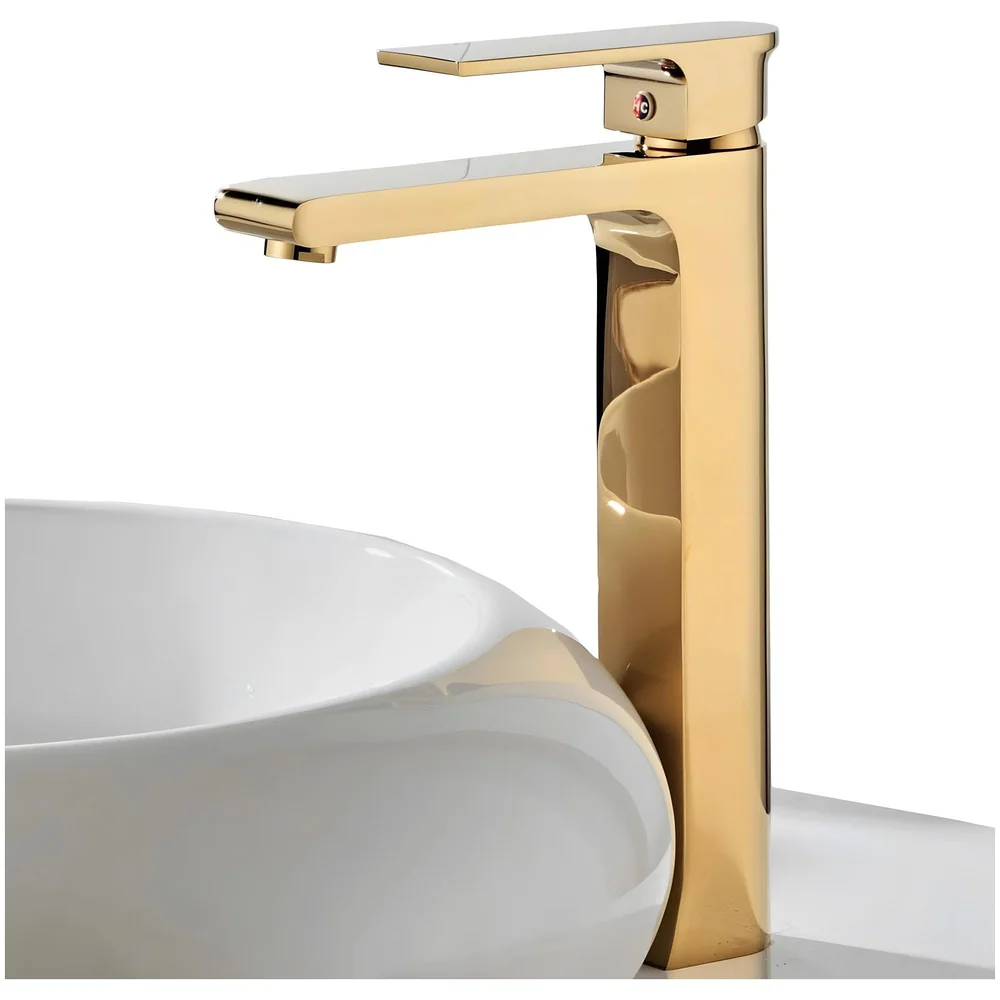 Gold Basin Tap Faucet Mixer for Bathroom Toilet Wash Basins Hot and Cold Water, Golden Colour, Brass, Square 12 Inch Height