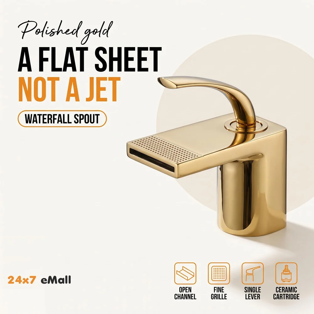 Gold Basin Tap Faucet Mixer Waterfall for Bathroom Toilet Wash Basins Hot and Cold Water (Golden Waterfall)
