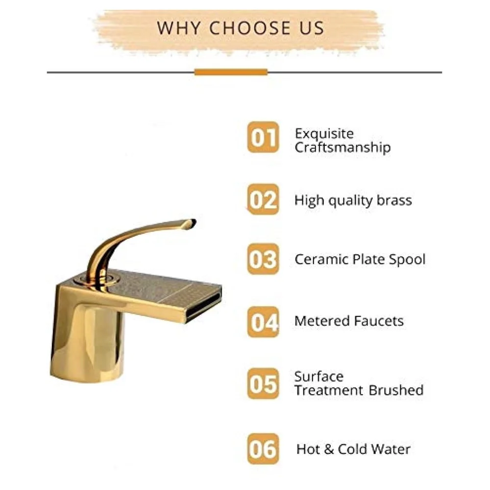Gold Basin Tap Faucet Mixer Waterfall for Bathroom Toilet Wash Basins Hot and Cold Water (Golden Waterfall)