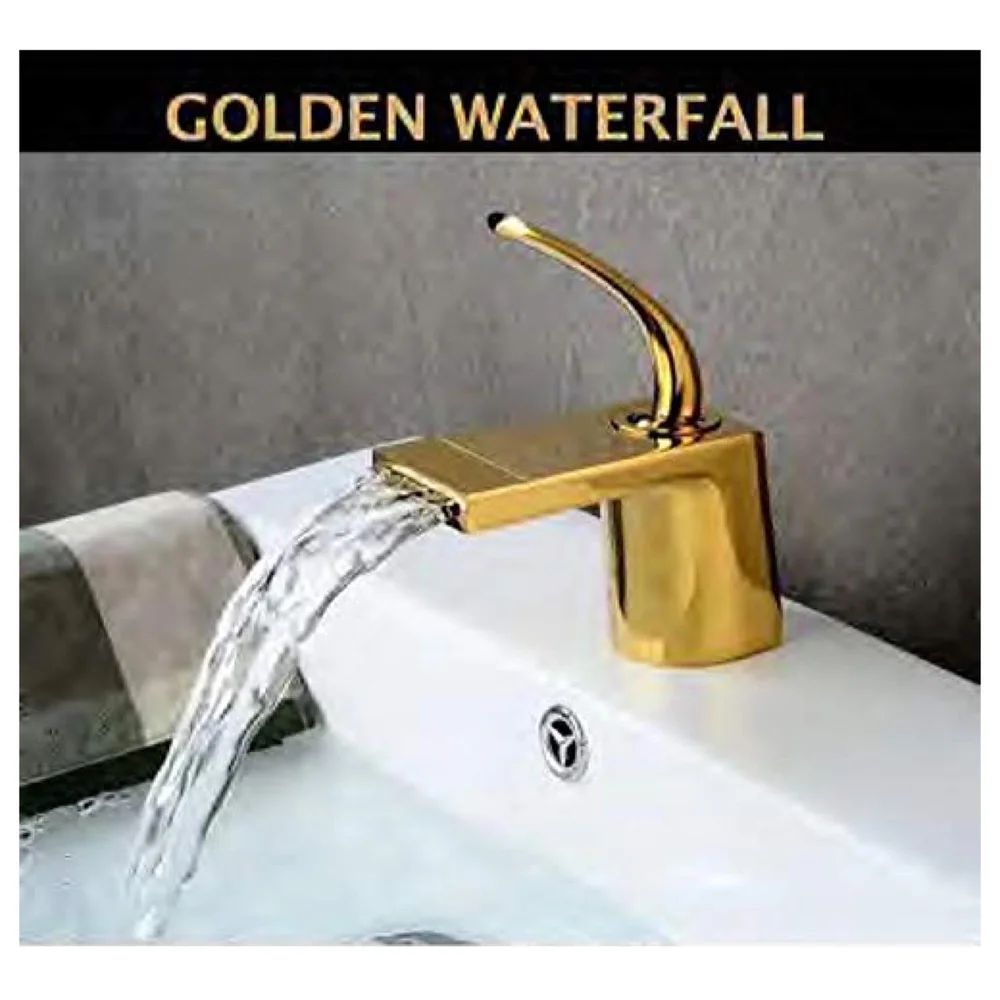 Gold Basin Tap Faucet Mixer Waterfall for Bathroom Toilet Wash Basins Hot and Cold Water (Golden Waterfall)