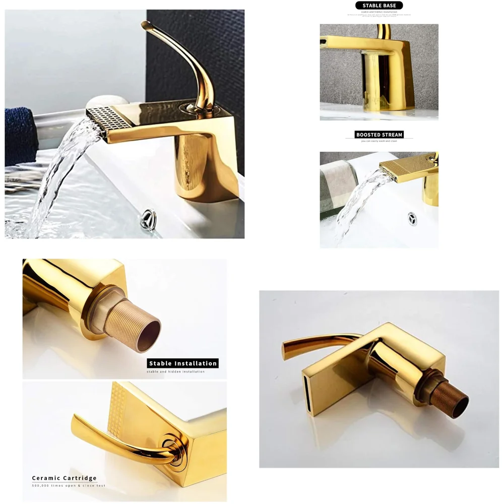 Gold Basin Tap Faucet Mixer Waterfall for Bathroom Toilet Wash Basins Hot and Cold Water (Golden Waterfall)