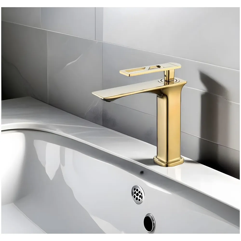 Full Gold Faucet Tap Mixer Hot and Cold Water Heavy Single Lever Basin Mixer 7 inches with Connector Pipes and Ceramic Cartridge for Bathroom Wash Basins - 22cm x 17cm Golden