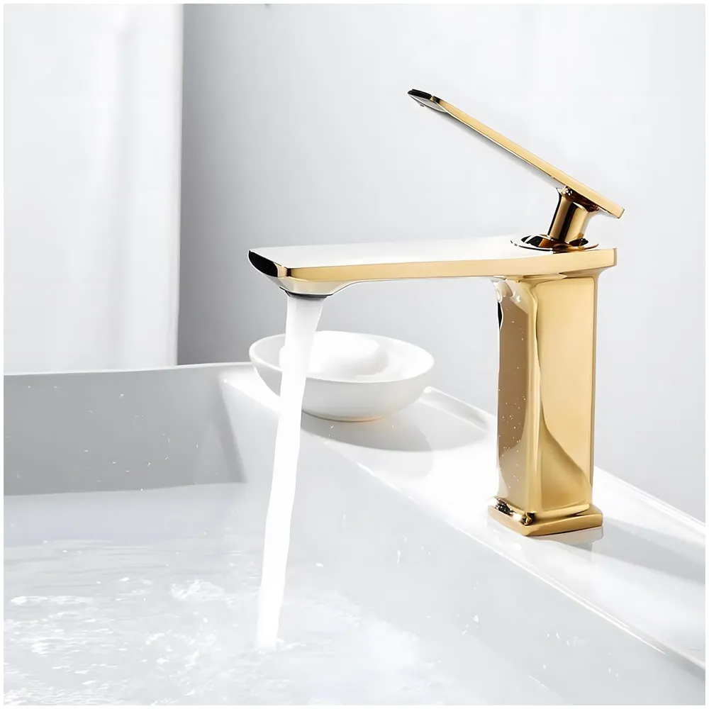 Full Gold Faucet Tap Mixer Hot and Cold Water Heavy Single Lever Basin Mixer 7 inches with Connector Pipes and Ceramic Cartridge for Bathroom Wash Basins - 22cm x 17cm Golden