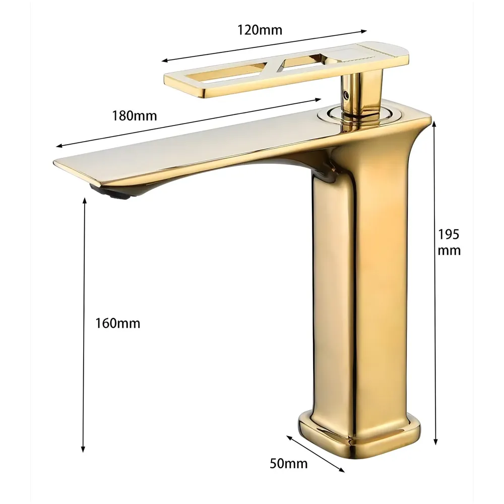 Full Gold Faucet Tap Mixer Hot and Cold Water Heavy Single Lever Basin Mixer 7 inches with Connector Pipes and Ceramic Cartridge for Bathroom Wash Basins - 22cm x 17cm Golden
