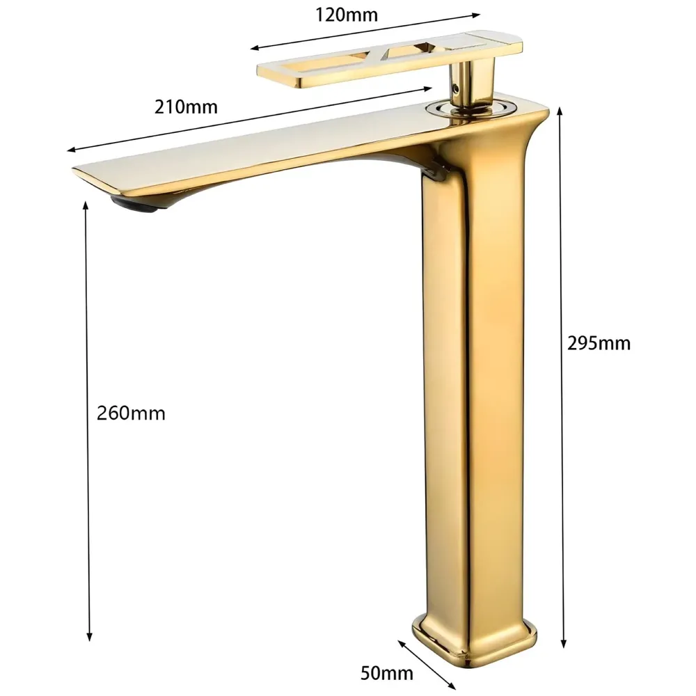 Gold Faucet Tap Mixer Hot and Cold Water Heavy Single Lever Basin Mixer 12 inches with Connector Pipes and Ceramic Cartridge for Bathroom Wash Basins - 30cm x 17 cm Golden