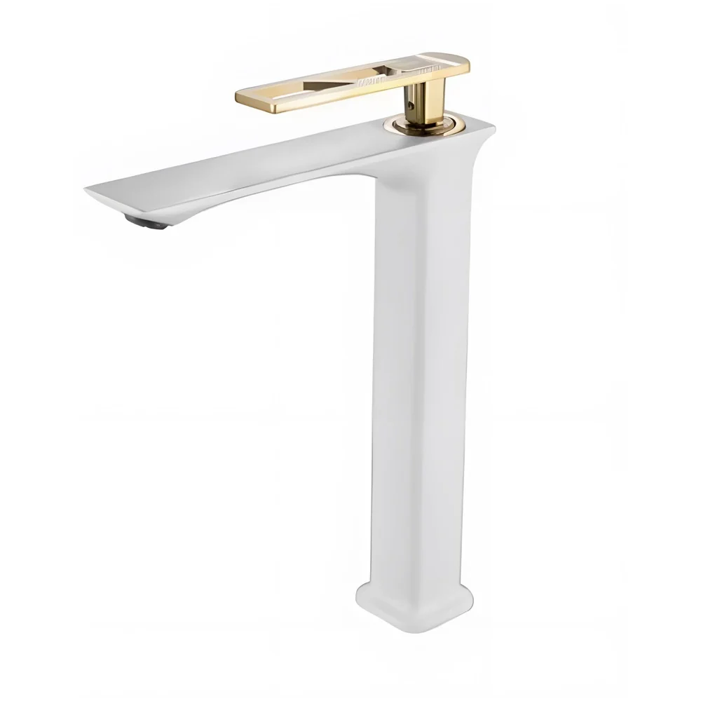 White Gold Faucet Tap Mixer Hot and Cold Water Heavy Single Lever Basin Mixer 12 inches with Connector Pipes and Ceramic Cartridge for Bathroom Wash Basins - 30cm x 17 cm Golden