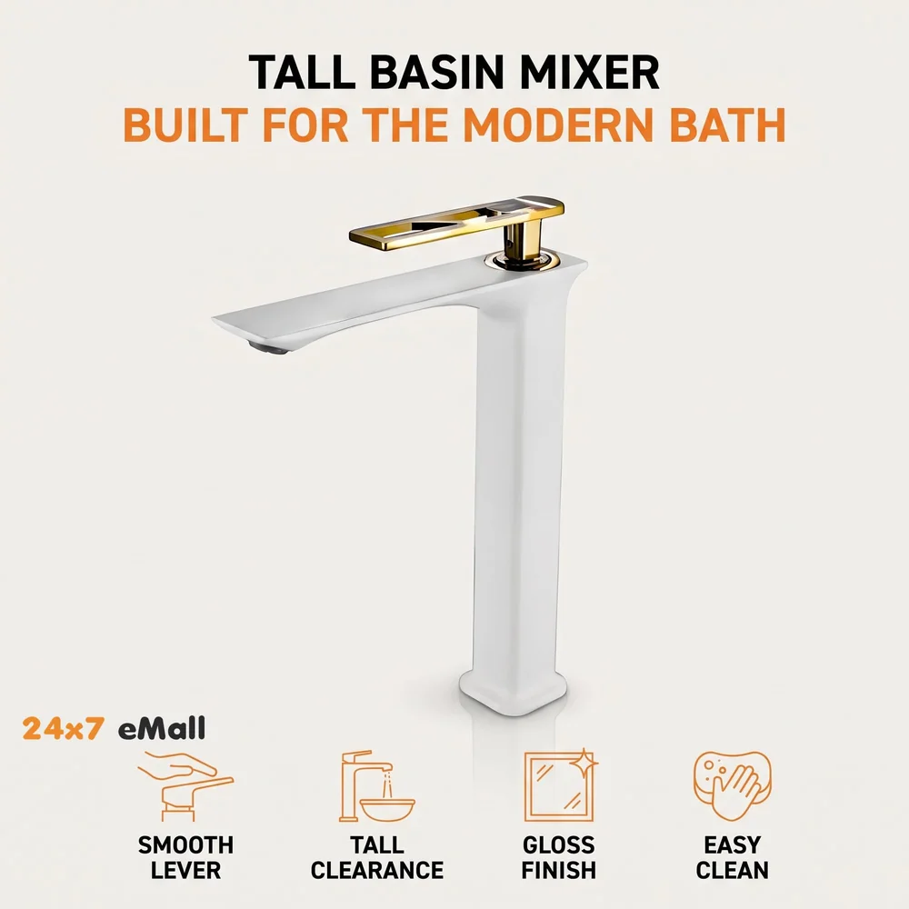 White Gold Faucet Tap Mixer Hot and Cold Water Heavy Single Lever Basin Mixer 12 inches with Connector Pipes and Ceramic Cartridge for Bathroom Wash Basins - 30cm x 17 cm Golden