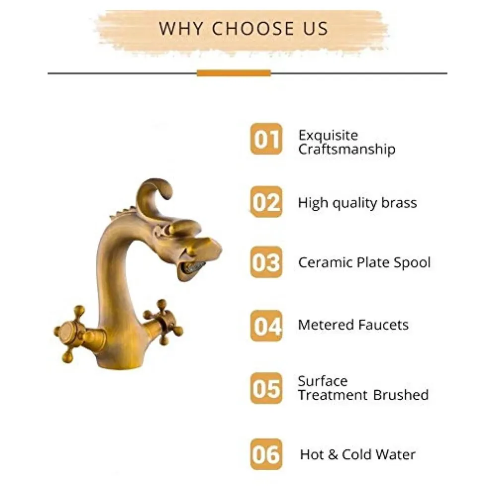 Dragon Brass 90 Degree Rotation Heavy Basin Mixer With 2 Braided Connection Pipes, Brown, Brass Finish