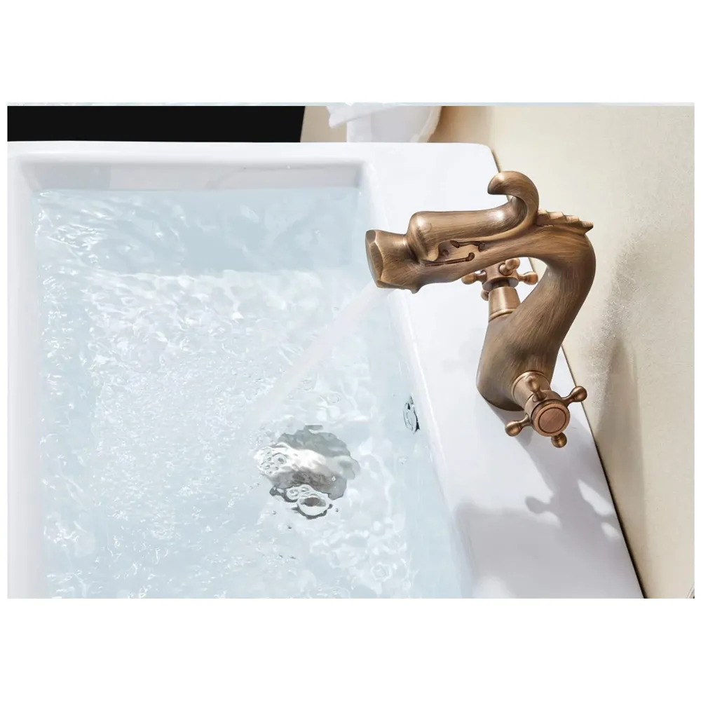 Dragon Brass 90 Degree Rotation Heavy Basin Mixer With 2 Braided Connection Pipes, Brown, Brass Finish