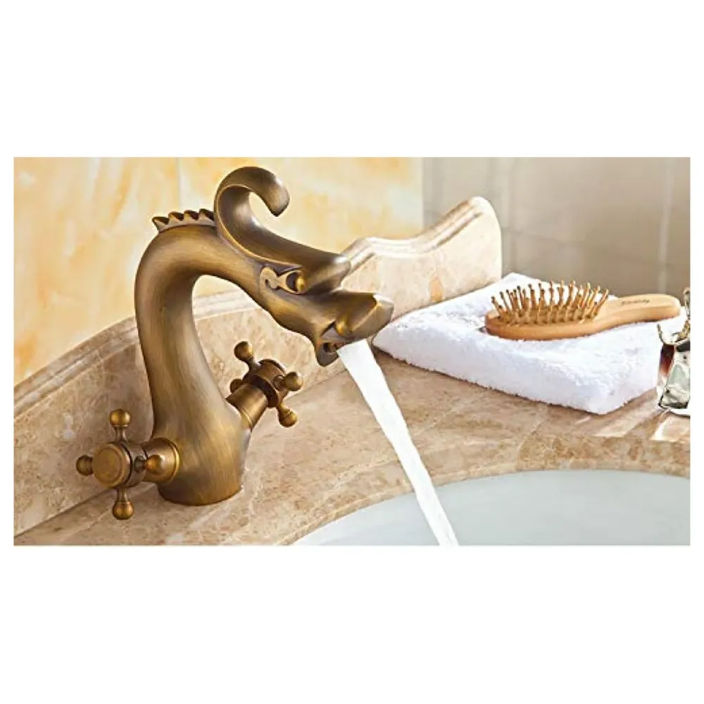 Dragon Brass 90 Degree Rotation Heavy Basin Mixer With 2 Braided Connection Pipes, Brown, Brass Finish