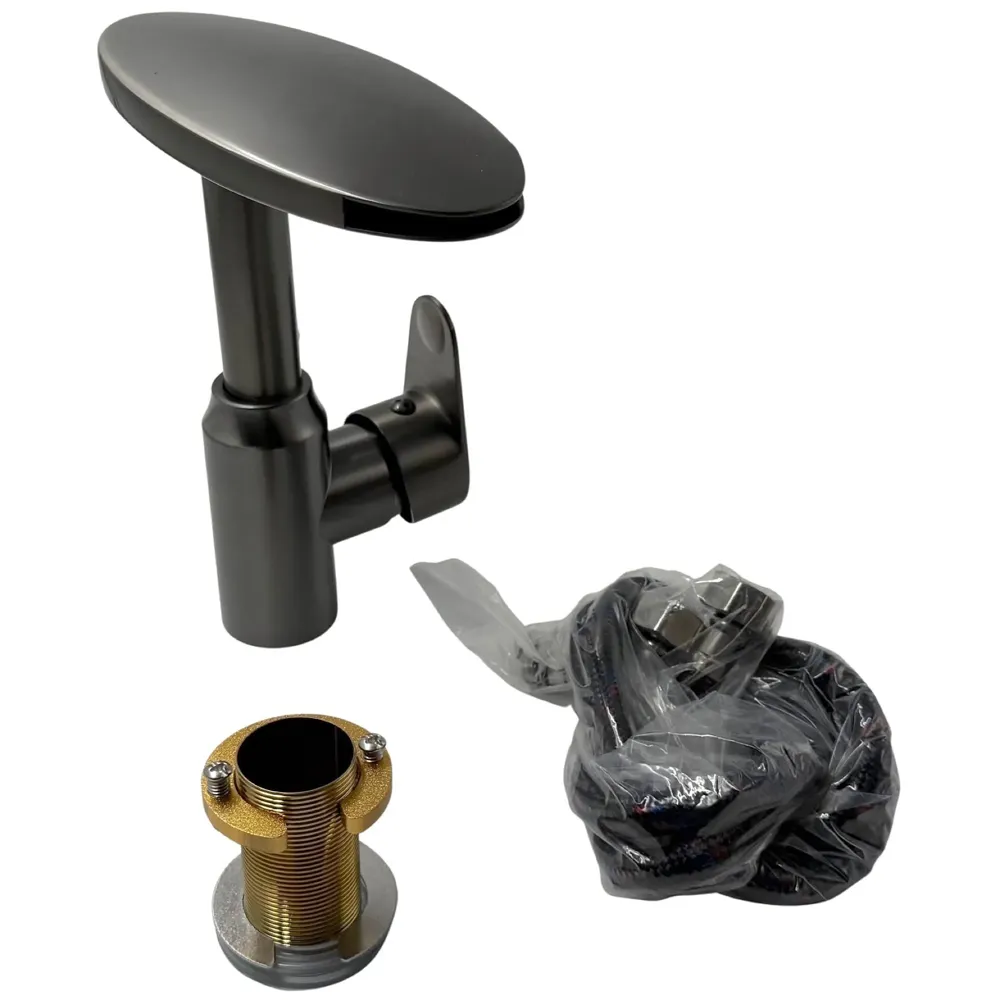 Waterfall Dark Grey Faucet Tap Mixer Hot and Cold Heavy Single Lever Basin Mixer 360 Degree Rotating Spout and Ceramic Cartridge for Bathroom Wash Basins 20 CM X 17 CM