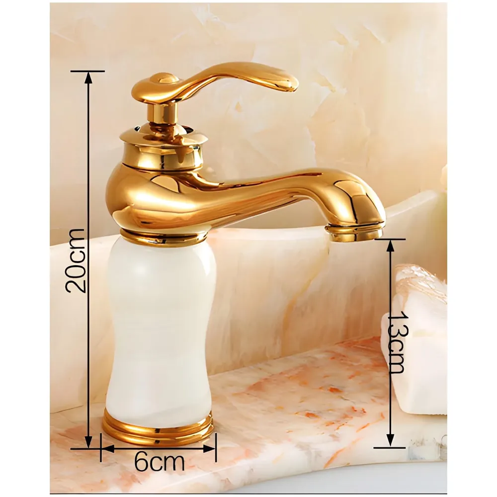 White Gold Marble Basin Tap Faucet Mixer for Bathroom Toilet Wash Basins Hot and Cold Water (Without pop-up) (Jade Petite) 20 Cm Height