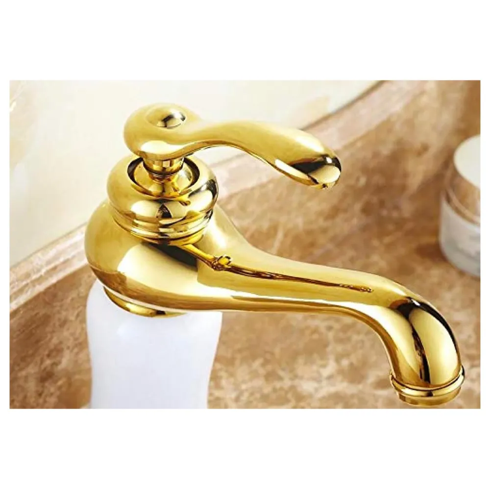 White Gold Marble Basin Tap Faucet Mixer for Bathroom Toilet Wash Basins Hot and Cold Water (Without pop-up) (Jade Petite) 20 Cm Height