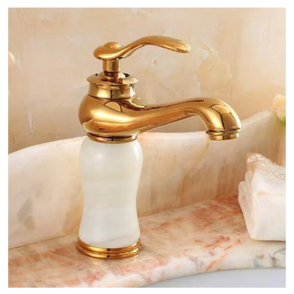 White Gold Marble Basin Tap Faucet Mixer for Bathroom Toilet Wash Basins Hot and Cold Water (Without pop-up) (Jade Petite) 20 Cm Height