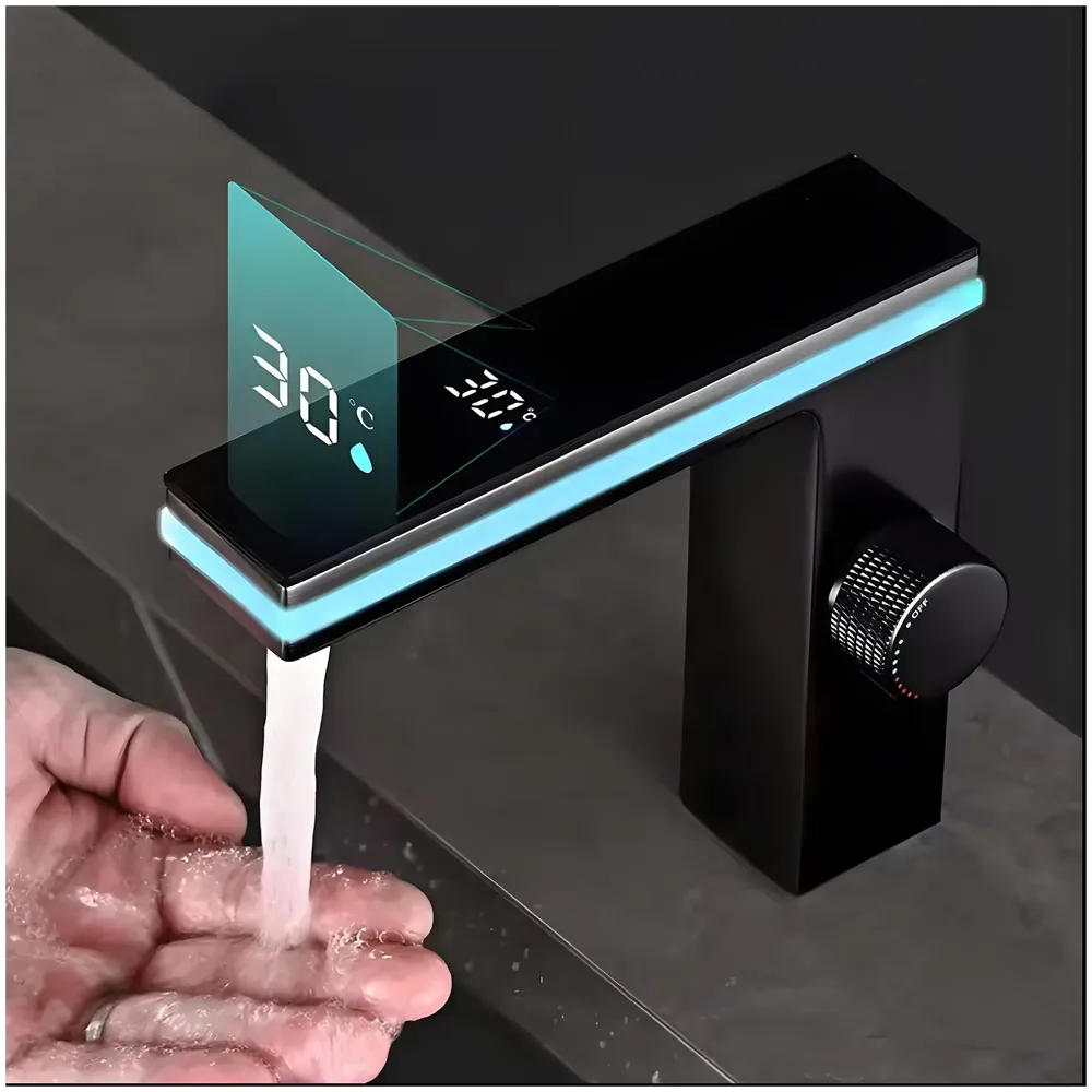 Black tap Faucet Led and Temperature Display Soft Flow Basin Mixer Light Basin Tap Faucet Hot and Cold, Square, Bathroom washbasin - 6.2 Inch Tall