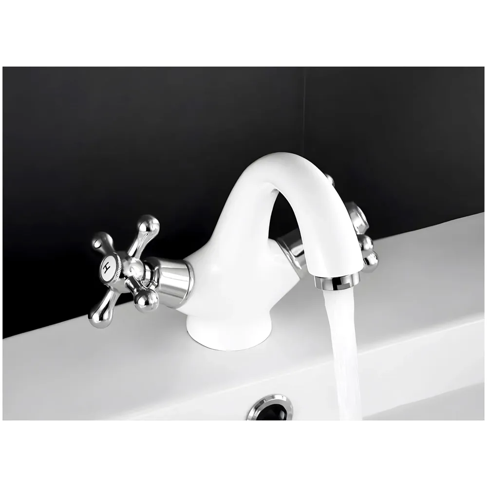 White Chrome Silver Faucet Tap Mixer Hot and Cold Water Traditional Collection Zinc Heavy Knob Basin Mixer 6 inches with Connector Pipes and Ceramic Cartridge