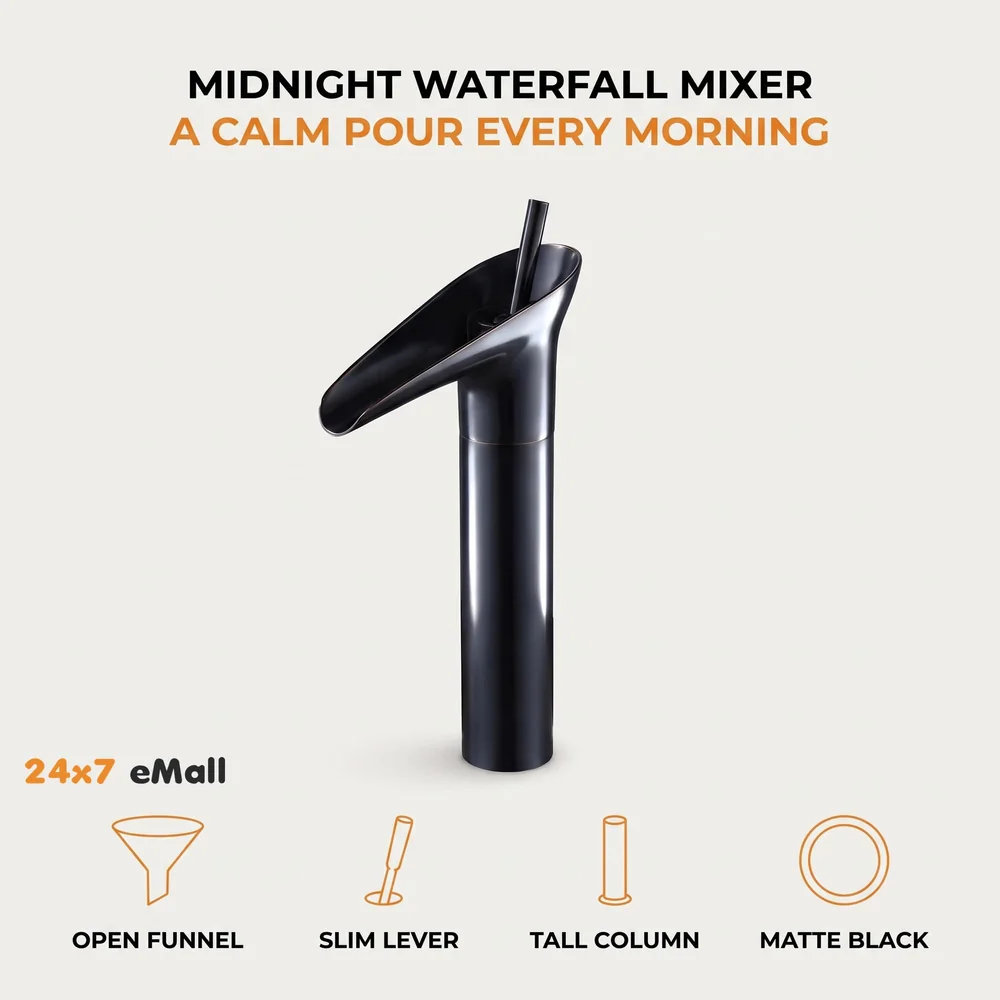 Black Waterfall Basin Mixer for Bathroom Toilet Wash Basins Hot and Cold Water (Without pop-up) (Midnight Waterfall) Black, Brass Material, 12 Inches