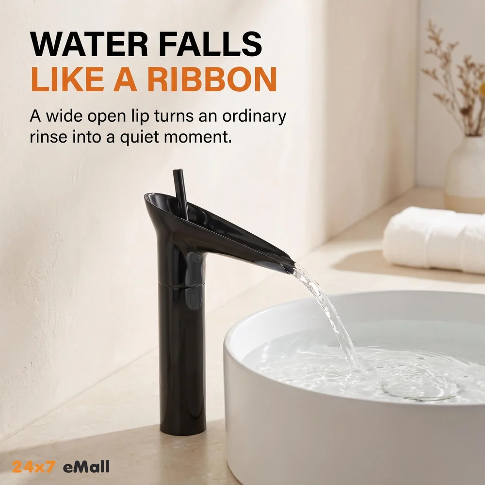 Black Waterfall Basin Mixer for Bathroom Toilet Wash Basins Hot and Cold Water (Without pop-up) (Midnight Waterfall) Black, Brass Material, 12 Inches